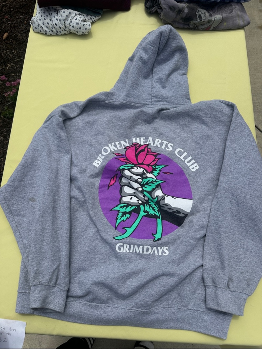 Broken Hearts Club Grimdays Graphic Hoodie - Gray with Purple & Pink Print